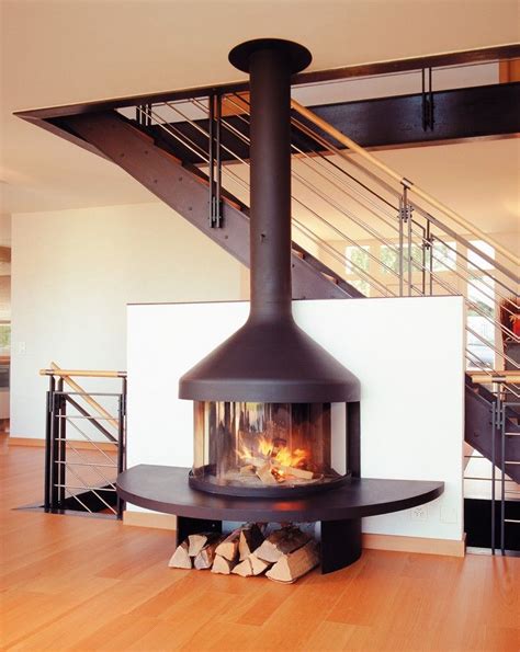 modern freestanding wood fireplace.